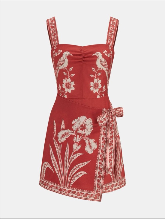 Commense Dresses & Skirts - Commense Red Floral & Bird Print Mini Wrap Dress
